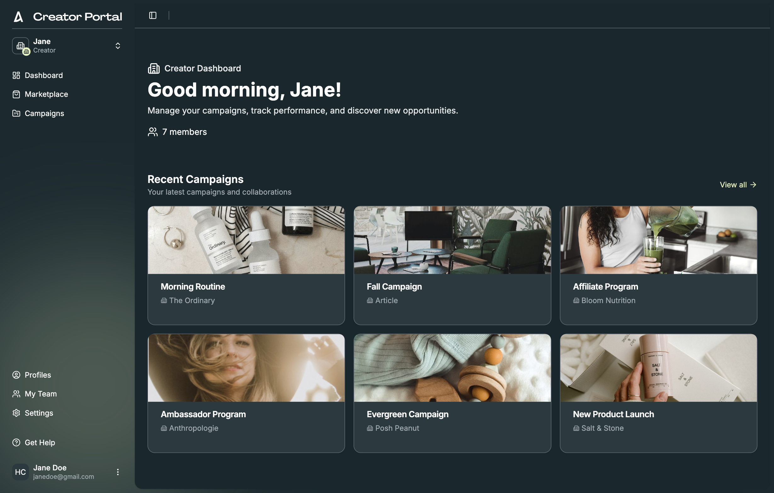 Aspire Creator Portal Dashboard